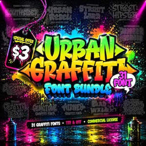May include: A colourful graphic advertising an "Urban Graffiti Font Bundle" with 31 fonts. The design features graffiti-style text, spray paint effects, and a special offer tag. Includes TTF & OTF formats and a commercial license.