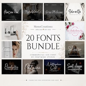 Könnte beinhalten: Werbebild für ein Bundle mit 20 Schriftarten. Jede Schriftart wird mit einem Beispielnamen und -stil präsentiert, wie "Alcantara Road" und "Mishelblanche". Der Text "20 FONTS BUNDLE" ist prominent dargestellt.