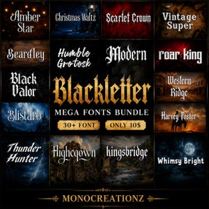 以下が含まれることがあります： 30種類以上のフォントを含むBlackletter Mega Fonts Bundleを10ドルで紹介するデジタルディスプレイ。グリッドには、Amber Star、Christmas Waltz、Scarlet Crown、Vintage Super、Beardley、Humble Grotesk、Modern、Roar King、Black Valor、Western Ridge、Blistaro、Harvey Poster、Thunder Hunter、Highgown、Kingsbridge、Whimsy Bright、Monocreationzなどのフォント名が表示されています。