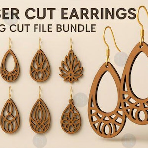 Puede incluir: Pendientes de madera cortados con láser en varias formas de lágrima con diseños intrincados. Los pendientes son marrones con ganchos dorados. La imagen incluye el texto "LASER CUT EARRINGS SVG CUT FILE BUNDLE".