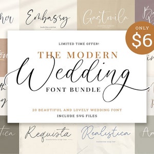 Puede incluir: Una lista de productos digitales para un paquete de fuentes llamado "The Modern Wedding Font Bundle". La imagen presenta 20 estilos de fuentes diferentes en una variedad de colores y fondos. El texto "ONLY $6" se muestra en un círculo naranja grande.