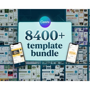 May include: A digital graphic promoting a Canva template bundle. The image features two smartphones displaying templates, with the text "8400+ template bundle" in large teal letters. The Canva logo is in the upper center.