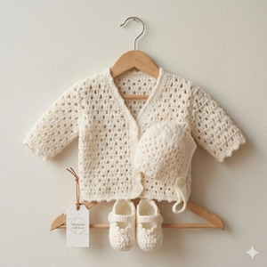 Può includere: Un cardigan all'uncinetto color crema, un berretto abbinato e un paio di scarpine per neonati appesi a una gruccia di legno. Un'etichetta rettangolare bianca attaccata alla gruccia riporta il testo Handmade with Love in inchiostro nero.