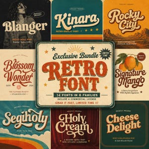 Peut inclure: Un affichage graphique numérique présentant une collection de polices de style rétro. Le panneau central affiche le texte Exclusive Bundle RETRO FONT 14 FONTS IN 8 FAMILIES INCLUDE A COMMERCIAL LICENSE GRAB IT FAST, LIMITED TIME !!! entouré de huit exemples.
