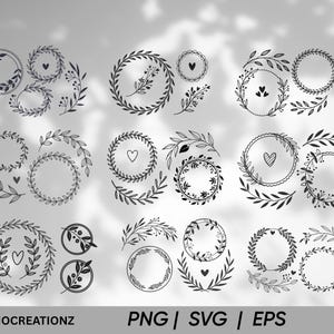 May include: A collection of black and white floral wreath designs. The wreaths vary in size and style, some featuring hearts and sprigs. The text "MONOCREATIONZ" is at the bottom left, with "PNG | SVG | EPS" below it.