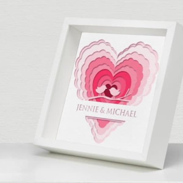 3D Love Bird Shadow Box SVG Personalize Papercut Lightbox Paper Cut Love gift art Template Shadow Box Template