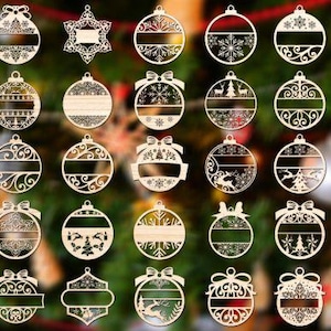 以下が含まれることがあります： さまざまなデザインのレーザーカット木製クリスマスオーナメントのコレクション。オーナメントには、雪の結晶、鹿、その他のお祝いのパターンが含まれています。各オーナメントには、吊り下げ用の穴と装飾的な切り抜きデザインがあります。
