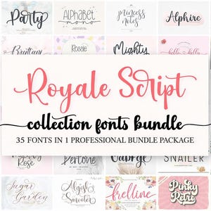 May include: A collection of 35 fonts in a bundle package. The image features various font styles, including script and sans-serif fonts, with the words "Royale Script" in a pink script font. The words "collection fonts bundle" are in a black script font.