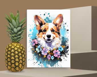 Op de afbeelding: Een aquarel schilderij van een corgi hond met een bloemenkrans. De hond kijkt de kijker aan met een gelukkige uitdrukking. De achtergrond is een blauwe en witte aquarel was.