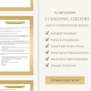 Editable IV Infusions Standing Orders Template for IV Therapy Clinics|IV Hydration|Nursing Compliance|Medspa Clinics|Policy and Procedures