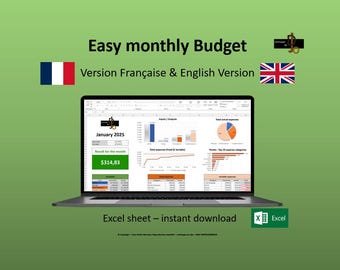 Puede incluir: Un ordenador portátil que muestra una hoja de cálculo con gráficos y diagramas. La hoja de cálculo se titula "Easy monthly Budget" y muestra un resultado de $314,83 para el mes de enero de 2025. El texto "Excel sheet - instant download" se muestra debajo del portátil.