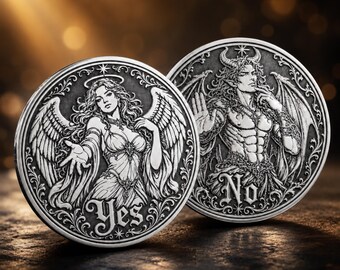 May include: Two circular silver-toned metal coins featuring intricate relief engravings. One coin depicts an angel with wings and the text Yes, while the other coin displays a horned demon with wings and the text No, both surrounded by ornate filigree.