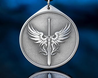 May include: A silver pendant featuring a detailed design of a sword with feathered wings, suspended from a black cord. The pendant is circular with a textured background and a reflective surface below.