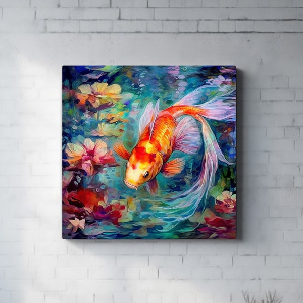 Koi in Japanese Garden, Alcohol Ink, Impasto, Koi painting, Japanese Garden, Butterfly Koi, koi painting, wall art, oil painting