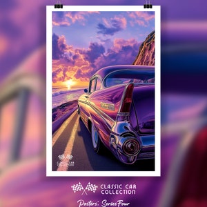 May include: A vintage purple car driving down a road with a sunset in the background. The car has a chrome bumper and tail lights. The text "Classic Car Collection Posters: Series Four" is at the bottom of the image.