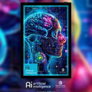 May include: A poster with a blue and green digital illustration of a human head with a brain inside. The brain is made up of circuits and wires. The text on the poster reads 