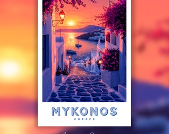 Mykonos Sunset Travel Poster: Greece Island Art Print