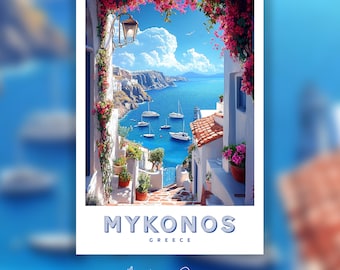 Mykonos Greece Travel Poster, Mediterranean Seascape Art Print