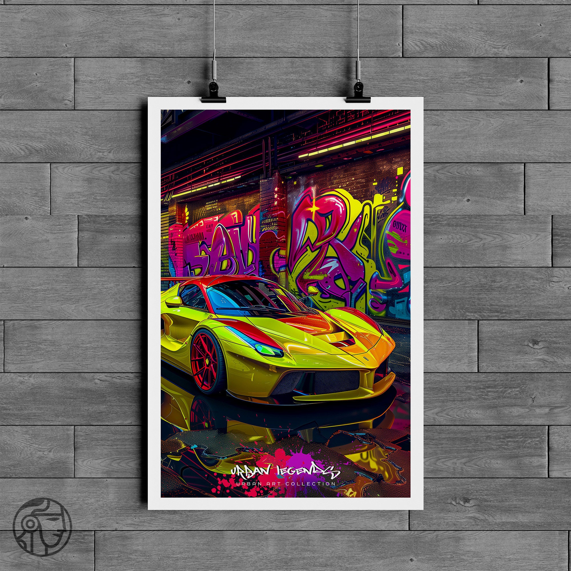 Yellow Ferrari FXX in NYC Graffiti Art Poster - Auto Art