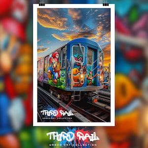 Peut inclure: Un train de métro bleu avec des graffitis représentant des personnages du jeu vidéo Super Mario Bros. Le train est sur une voie ferrée avec un coucher de soleil en arrière-plan. Le texte "THIRD RAIL URBAN ART COLLECTION" est en bas de l'image.