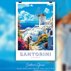 Santorini Wall Art Poster | Greek Island Travel Print | White Blue House Poster | Coastal Mediterranean Decor | Greece Wall Art