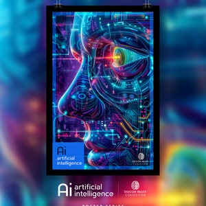May include: A poster with a digital art illustration of a face with a circuit board design in shades of blue, pink, and purple. The text on the poster reads 
