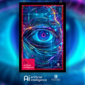 May include: A poster with a blue and pink digital eye with a circuit board design. The poster has the text 