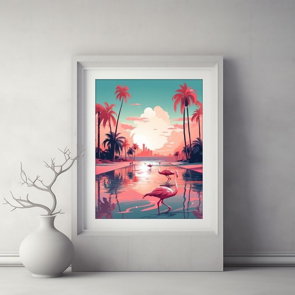 Tropical Sunset Art, Flamingo Art, Miami Beach Art, Beach Lover Gift, Flamingo Road Miami Florida Printable Artwork - 36"x36"