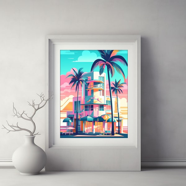 Tropical Sunset Art, Art Deco, Miami Beach Art, Beach Lover Gift, South Beach Cafe Printable Artwork - 36"x36"