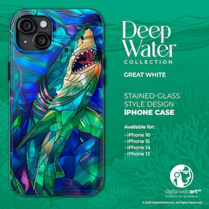 Shark Stained-Glass Phone Case, Ocean Design iPhone Cover, Underwater Sea Creature Cellphone Protector, Marine Life Tough Case, Sea Animal