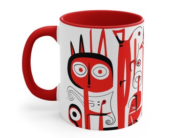 Tasse à café d'art moderne rouge, tasse d'art moderne, tasse d'art abstrait, cadeau d'amant de café, tasse de café d'art abstrait de créatures rouges - 11 oz.