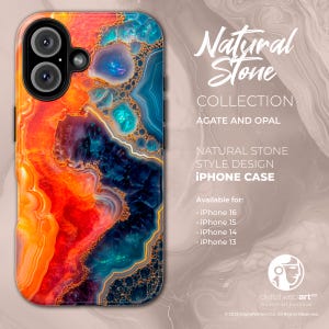 May include: A phone case with a colorful agate and opal design. The case features a natural stone style design and is available for iPhone 16, 15, 14, and 13.