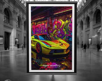 Yellow Ferrari FXX in NYC Graffiti Art Poster - Auto Art