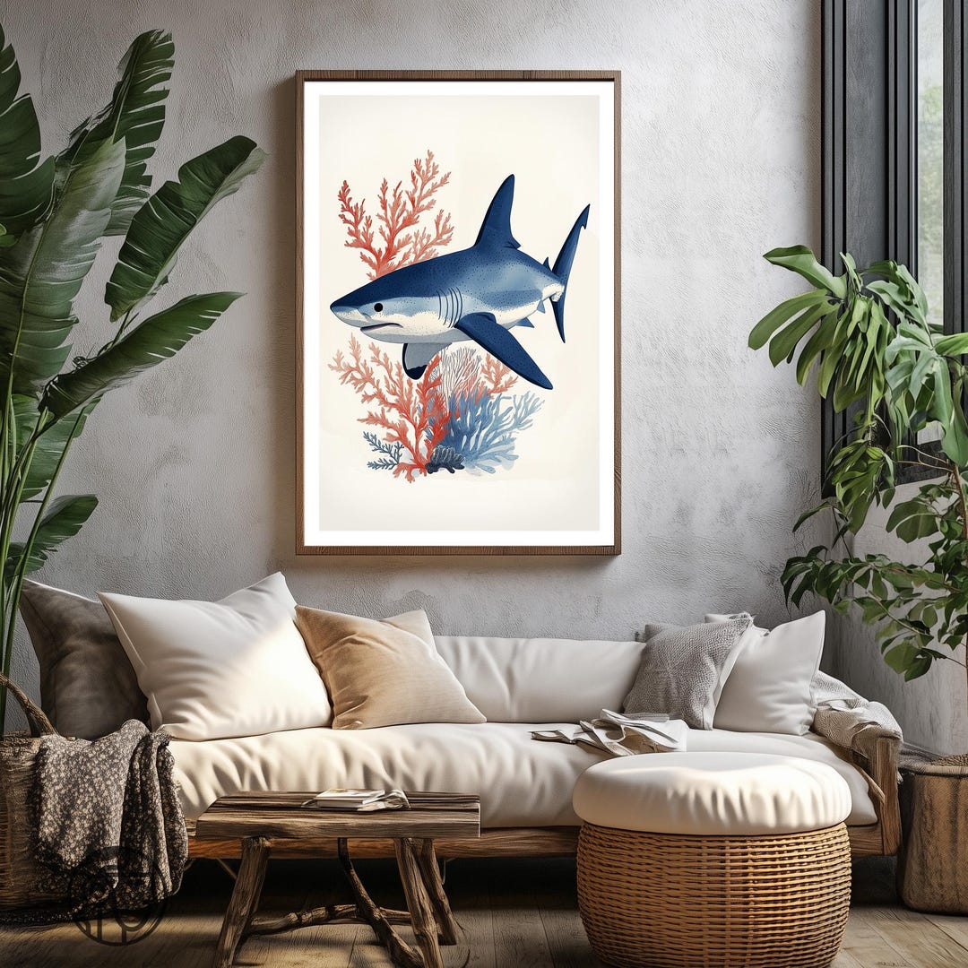 Blue Shark Poster Wall Art Print, Ocean Theme Room Decor, Underwater ...