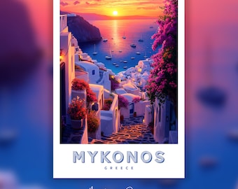Mykonos Sunset Print, Greek Island Village Seascape Art