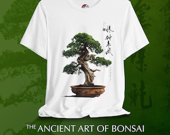 May include: White t-shirt with a bonsai tree illustration and the text "The Ancient Art of Bonsai T-shirt Collection" printed on the front.