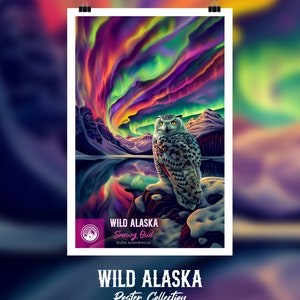 Wild Alaska Poster Collection: Snowy Owl - Alaska Gift, Owl gift, wildlife Art, Aurora, Landscape Art Poster, 2 sizes 12&quot;x18&quot; and 20&quot;x30&quot;