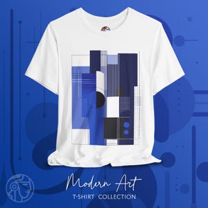 ブルーモダンアブストラクトグラフィックTシャツ、ユニセックスシャツ、ヴィンテージスタイルTシャツ、レトロプリントトップス、幾何学模様Tシャツ、アーティスティックグラフィックTシャツ
