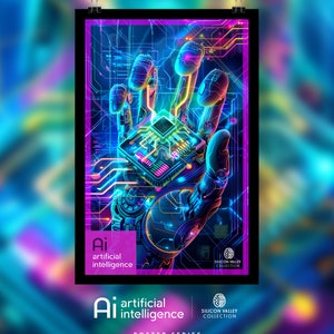 May include: A poster with a neon blue, pink, and yellow robotic hand holding a computer chip. The text on the poster reads 