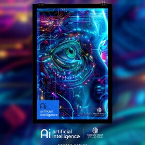 May include: A poster with a blue, green, and pink digital illustration of a human eye with a circuit board pattern. The text on the poster reads 