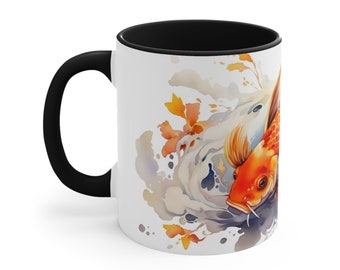 Elegant Gold Japanese Koi Fish with Lillies Mug, Fish Lover Mug, Koi Fish Gift, Elegant Gold Japanese Koi with Lillies Art Mug - 11oz.