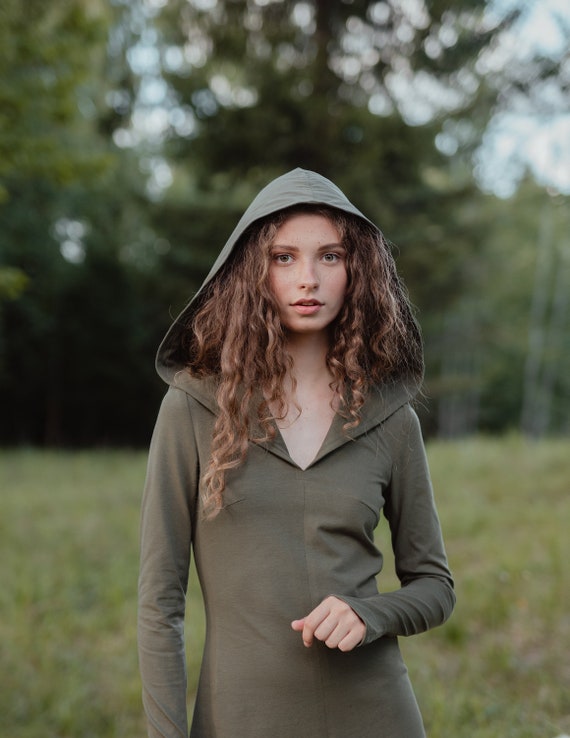 Woodland Fairy Pixie Dress - moss green long sleeve Dress with hoddie Woodland Fairy Pixie Dress - moss green long sleeve Dress with hoddie