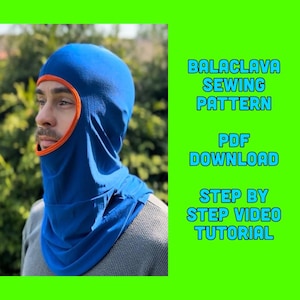May include: A blue balaclava with an orange trim. The balaclava is being worn by a person. The image includes the text "BALACLAVA SEWING PATTERN PDF DOWNLOAD STEP BY STEP VIDEO TUTORIAL".