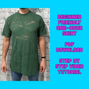 May include: A short-sleeved, dark green shirt with a textured, open design. The shirt is worn with blue jeans. Text on a blue background reads: "BEGINNER FRIENDLY ONE-HOUR SHIRT PDF DOWNLOAD STEP BY STEP VIDEO TUTORIAL."