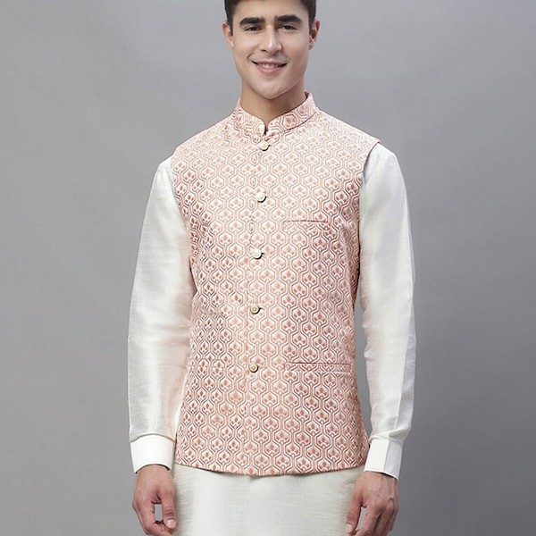 Mens Nehru Jacket - Peach Coloured Nehru Jacket, Indian Party Wear, Ethnic Wear, Mens Vest, Vintage Jacket, Mens Suit Jacket, Modi Jacket