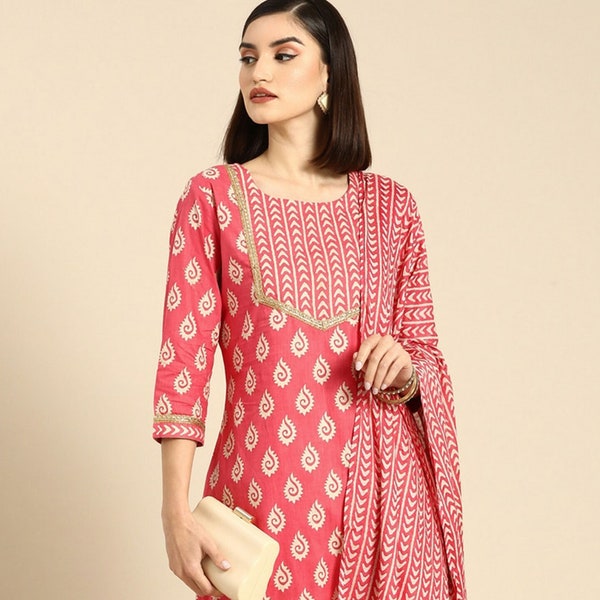Women Kurta Set - Pink Cotton Printed Kurta Palazzos Dupatta Set, Punjabi Suit, Salwar Kameez, Embroidery Suit, Wedding Wear, Kurti Set