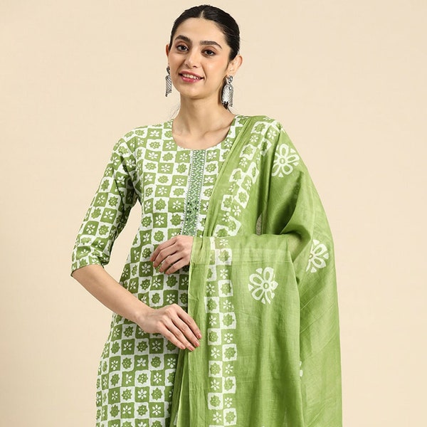 Women Kurta Set - Green Mirror Work Kurta Palazzos Dupatta Set, Punjabi Suit, Salwar Kameez, Embroidery Suit, Wedding Wear, Kurti Set