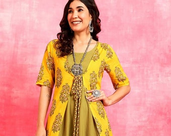 Robe femme - Imprimé floral jaune Une robe en coton ligne, Cadeau pour elle, Robe indienne, Robes de demoiselle d’honneur, Robe de fête de mariage, Robe imprimée à la main