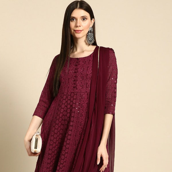 Women Kurta Set - Maroon Chikankari Kurta with Trousers Dupatta, Punjabi Suit, Salwar Kameez, Embroidery Suit, Wedding Wear, Kurti Set