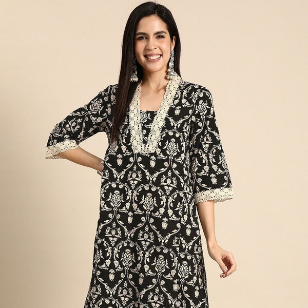 Women Kurta Set - Black Printed Cotton Kurta with Trousers, Punjabi Suit, Salwar Kameez, Embroidery Suit, Wedding Wear, Kurti Set